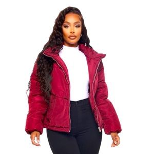 Work Your Angles Chevron Puffer Jacket - Burgundy